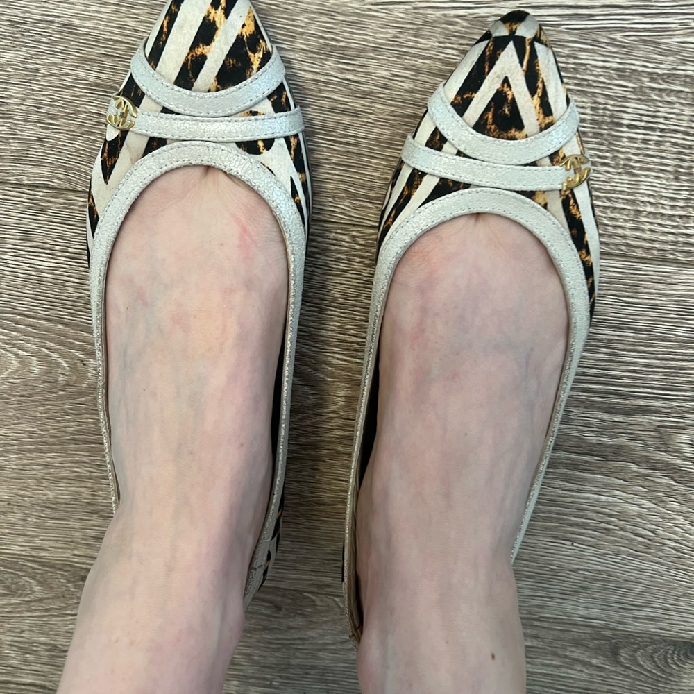 Roberto Cavalli Black and distressed Cream Blended tiger Patterned Flats.